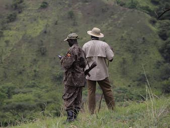 Tourist on a walking Safari in Lake Mburo