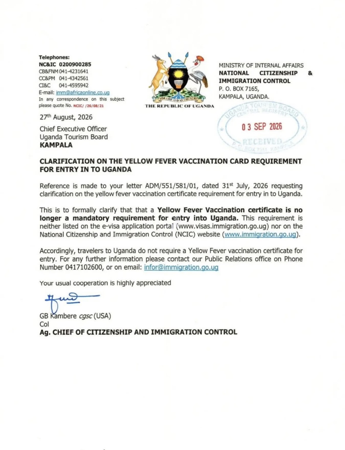 An official letter from Uganda immigration department advising tourists that there is no more mandatory requirement for yellow fever vaccination certificate before entry to Uganda