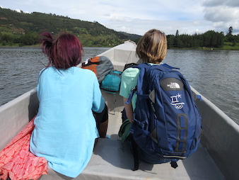 Tourists Rebecca and Beverly on boat cruise in Lake Bunyonyi